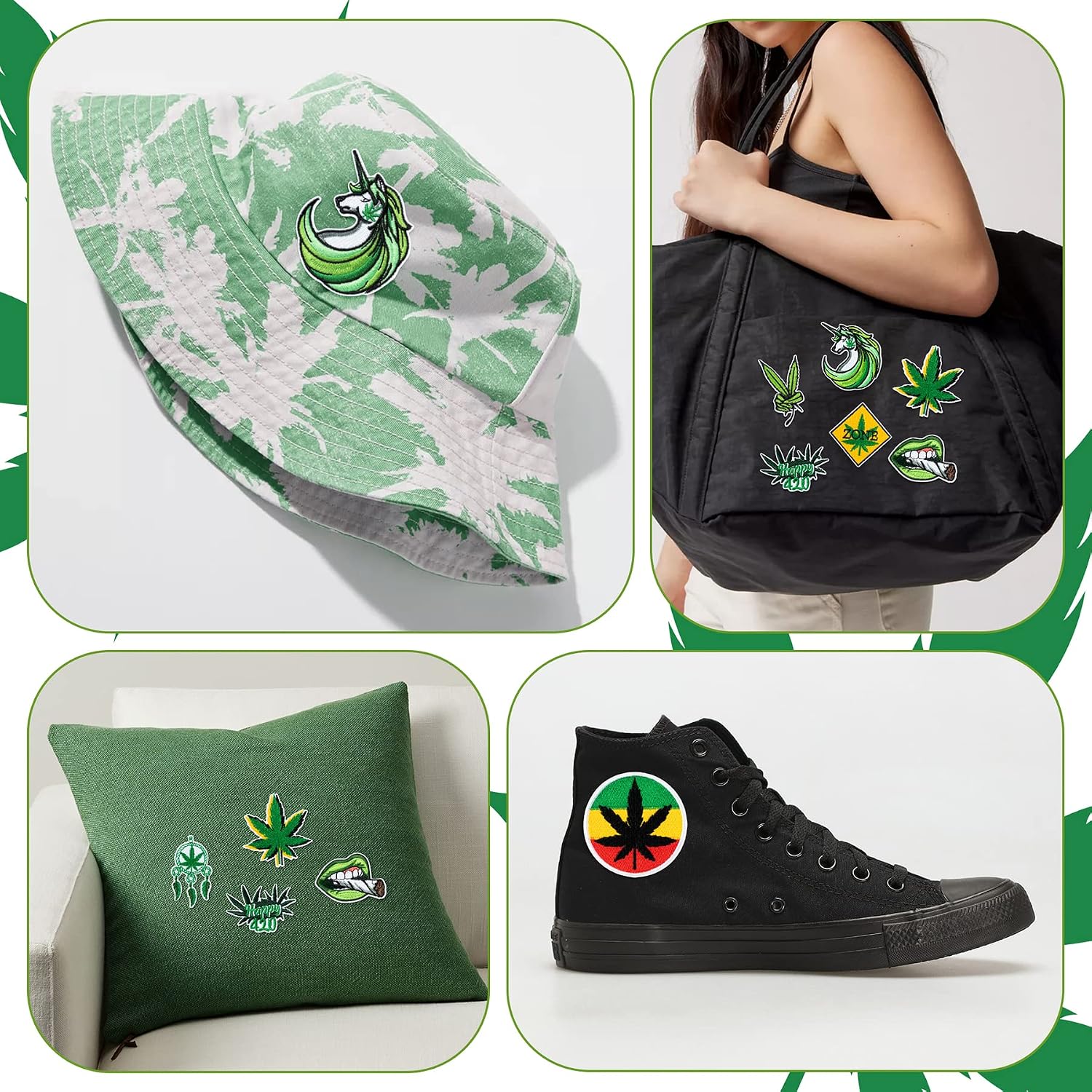 8Pcs Weed Iron on Patches Green Marijuana Leaves Pot Cannabis Smoking Happy 420 Have a Dope Sew on Embroidered Applique Repair Patch DIY Craft Accessories for Stoner Clothing Jacket Jeans Backpack Hat