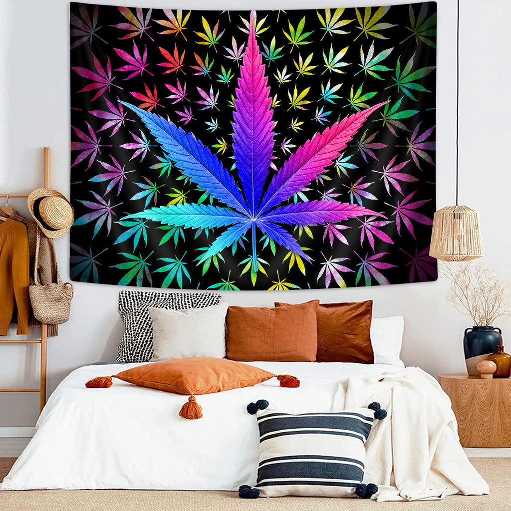 VEIGIKE Cool Trippy Weed Tapestry, Neon Tie Dye Marijuana Leaf Cannabis Art Tapestry Wall Hanging for Men Bedroom, Colourful Blacklight Tapestries Poster Blanket College Dorm Home Decor (90X70)