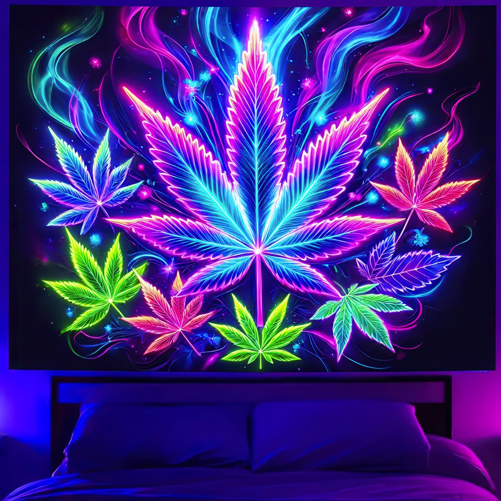 BlissYard Blacklight Tapestry Cannabis Leaf Bedroom Decor 78 x 59 Inch | Cannabis Leaf UV Wall Hanging Smoking Neon Backdrop for Bedroom Party Dorm Style