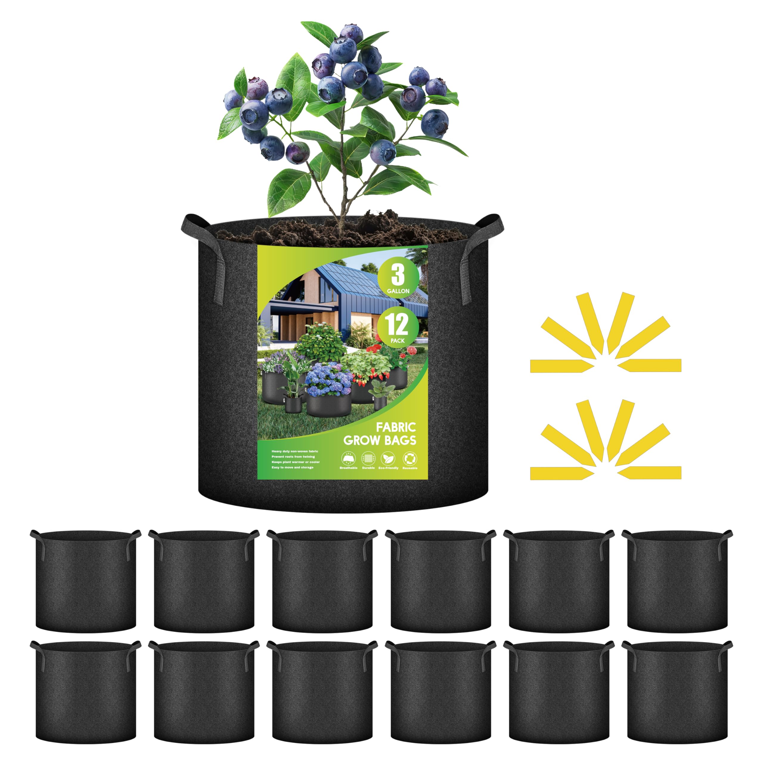 iPower 24-Pack 3 Gallon Grow Bags Heavy Duty Thickened Aeration Nonwoven Fabric Pots with Nylon Handles and 24 Labels for Planting Vegetables, Fruits, Flowers, Black