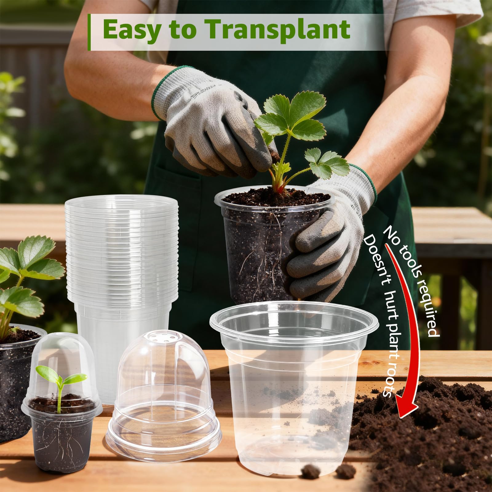 MIXC Plant Nursery Pots with Humidity Dome 4" Soft Transparent Plastic Gardening Pot Planting Containers Cups Planter Small Starter Seed Starting Trays for Seedling with 10pcs Plant Labels，30 Sets