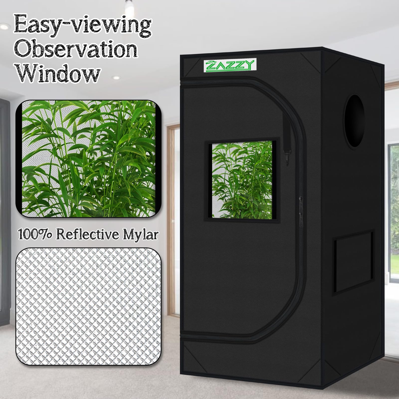 zazzy 3'X3' Grow Tent 32"x32"x63", High Reflective Mylar Growing Tent | Observation Window, Removable Floor Tray and Tool Bag for Planting Indoor Fruit Flower Veg
