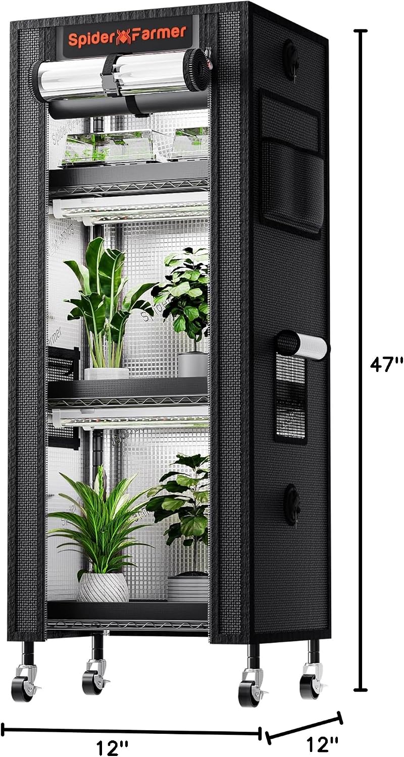Spider Farmer 4 Tier Mini Greenhouse Plant Shelf with Grow Lights Indoor | 60W Full Spectrum LED Grow Lights, Grow Tent Cover with Visual Curtain and Blackout Curtain, Waterproof Trays, Movable Wheels