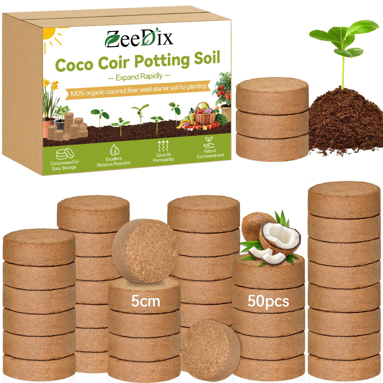 100 Pack 30mm Organic Coco Coir Pellets Seed Starter Soil | Low EC, pH Balance, Potting Soil Mix, Indoor Outdoor Plants, Herbs Houseplants Bonsai Vegetables Flowers