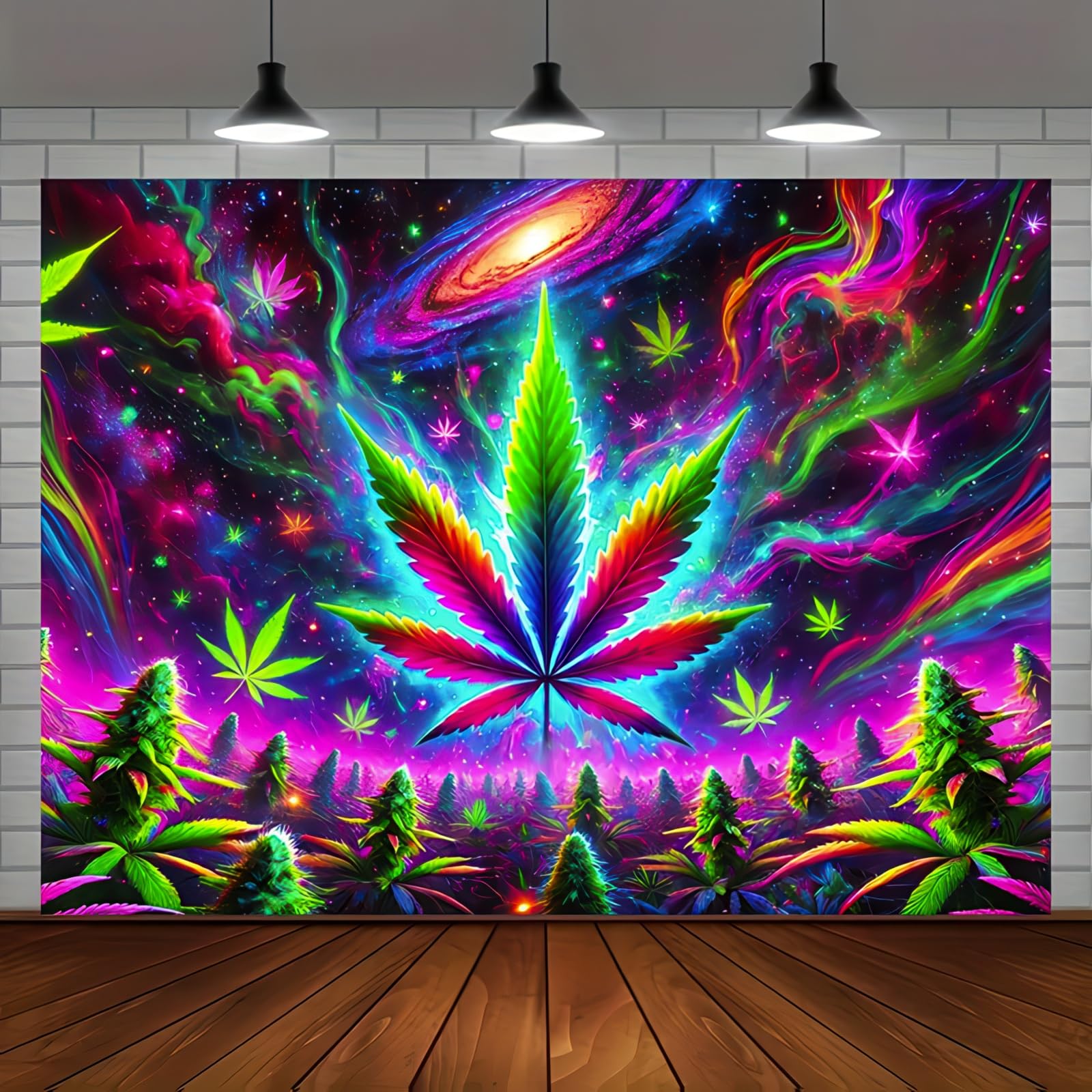 BlissYard Blacklight Tapestry Cannabis Leaf Bedroom Decor 78 x 59 Inch | Cannabis Leaf UV Wall Hanging Smoking Neon Backdrop for Bedroom Party Dorm Style