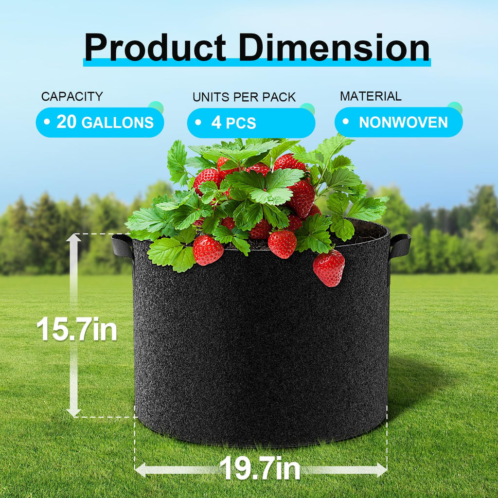 Land Guard 4-Pack Fabric Grow Bags 5 Gallon, Thickened Nonwoven Garden Pots, Growing Bags with Handles, Black