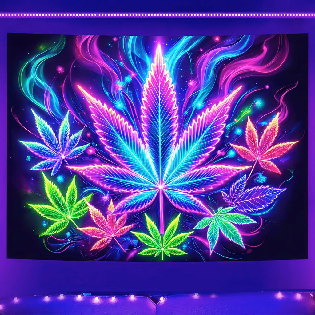 BlissYard Blacklight Tapestry Cannabis Leaf Bedroom Decor 78 x 59 Inch | Cannabis Leaf UV Wall Hanging Smoking Neon Backdrop for Bedroom Party Dorm Style
