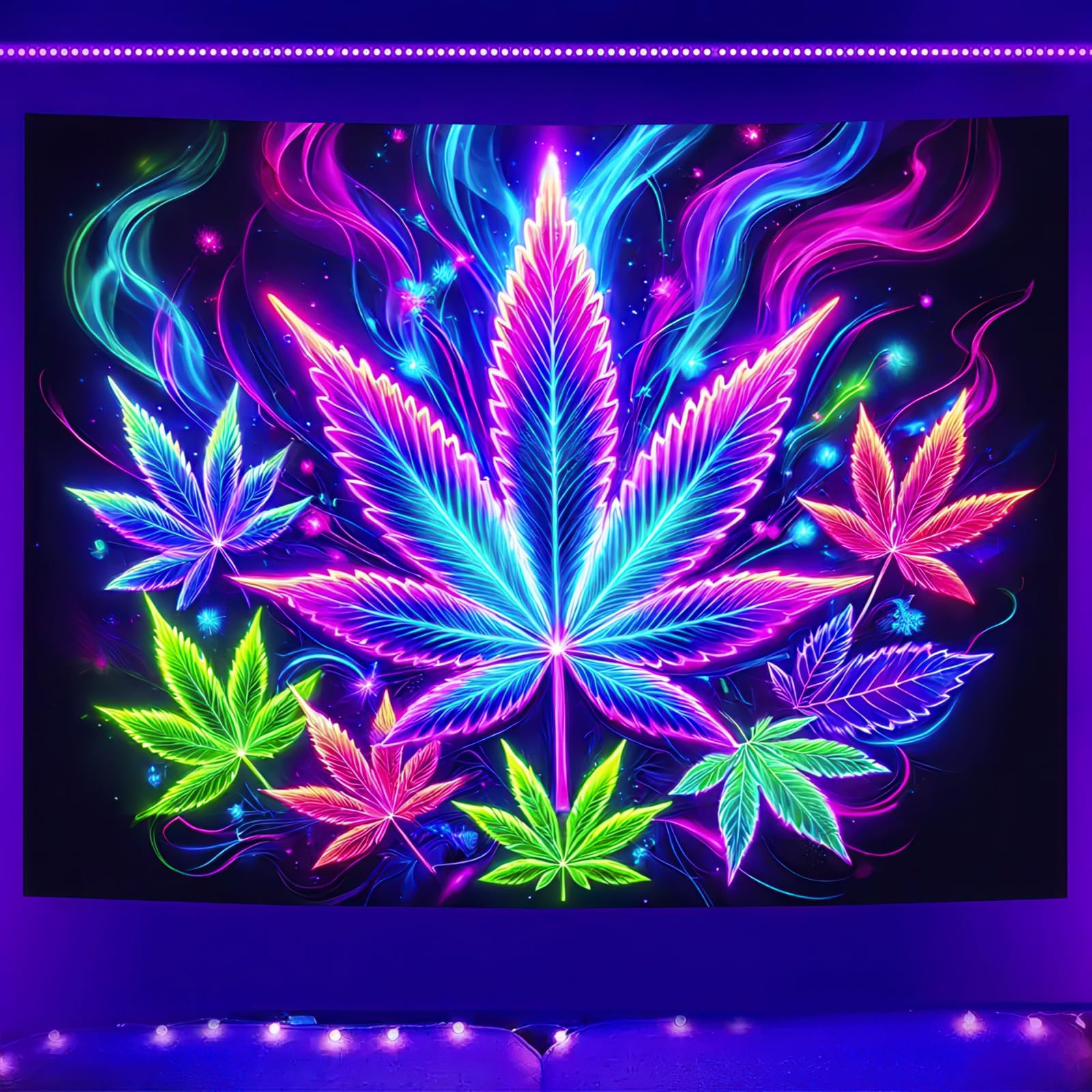 BlissYard Blacklight Tapestry Cannabis Leaf Bedroom Decor 78 x 59 Inch | Cannabis Leaf UV Wall Hanging Smoking Neon Backdrop for Bedroom Party Dorm Style