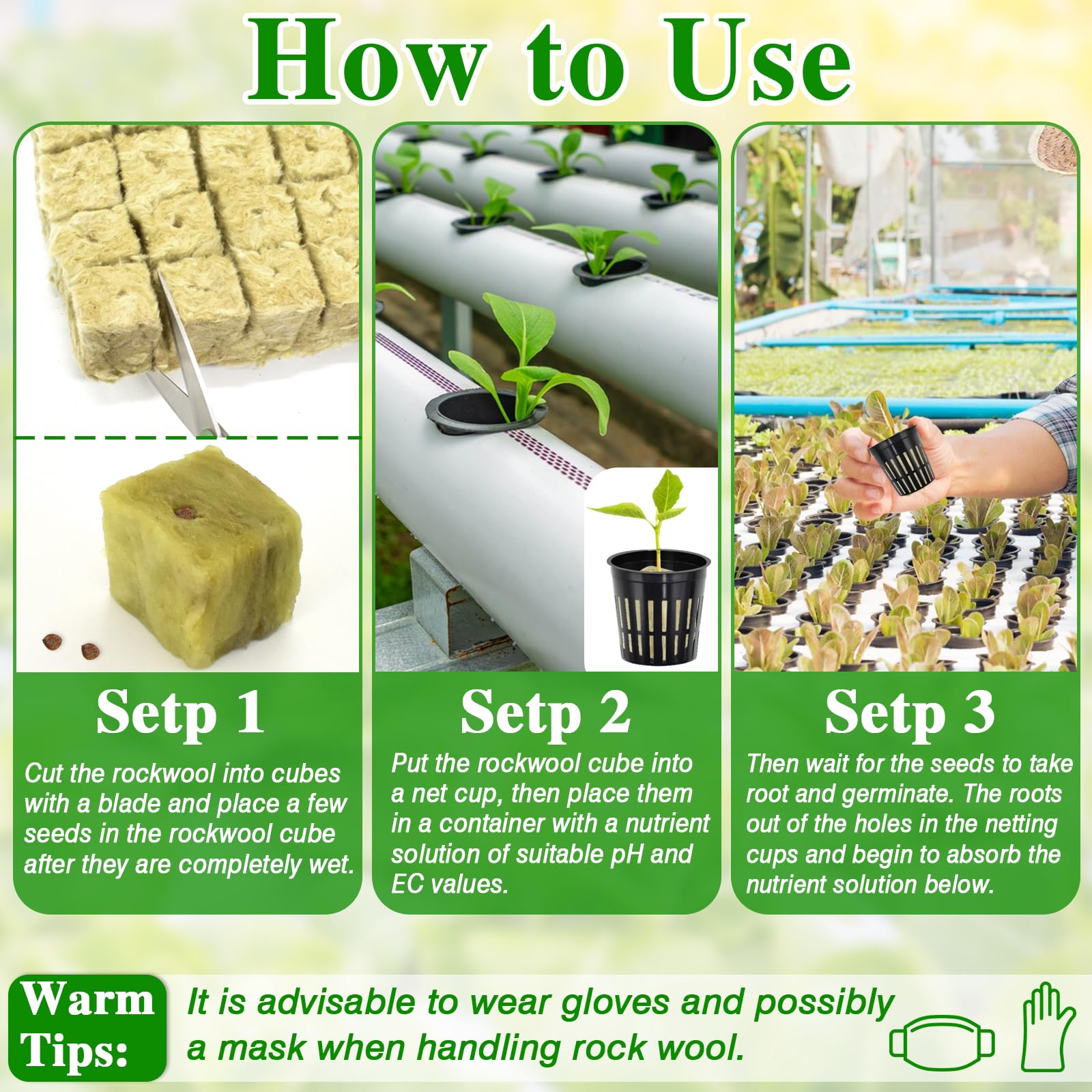 Halatool 144PCS 1.2" Rockwool Cubes & 120PCS 2" Net Cups for Hydroponics | Rockwool Garden Starter Plugs, Hydroponics Kit for Cuttings, Clone Plant, Propagation, Seed Starting & Soilless Cultivation