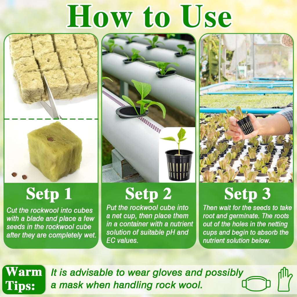Halatool 144PCS 1.2" Rockwool Cubes & 120PCS 2" Net Cups for Hydroponics | Rockwool Garden Starter Plugs, Hydroponics Kit for Cuttings, Clone Plant, Propagation, Seed Starting & Soilless Cultivation