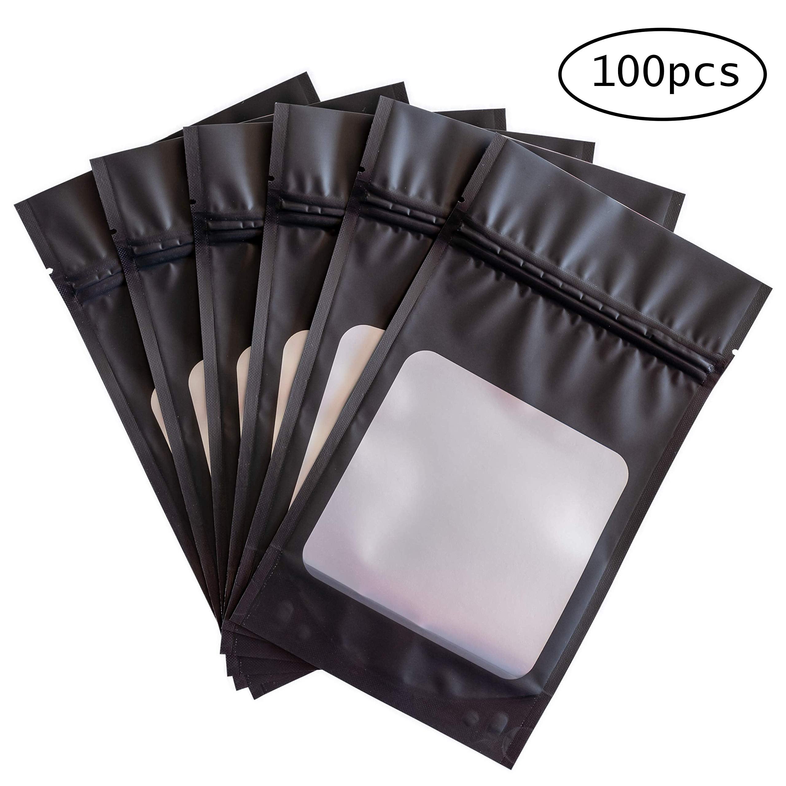 HANSER | Smell Proof Odorless Mylar Resealable Foil Pouch Bags with clear Window | Stand up bottom | Airtight | matte black | 100 Pieces | 4x6 inches