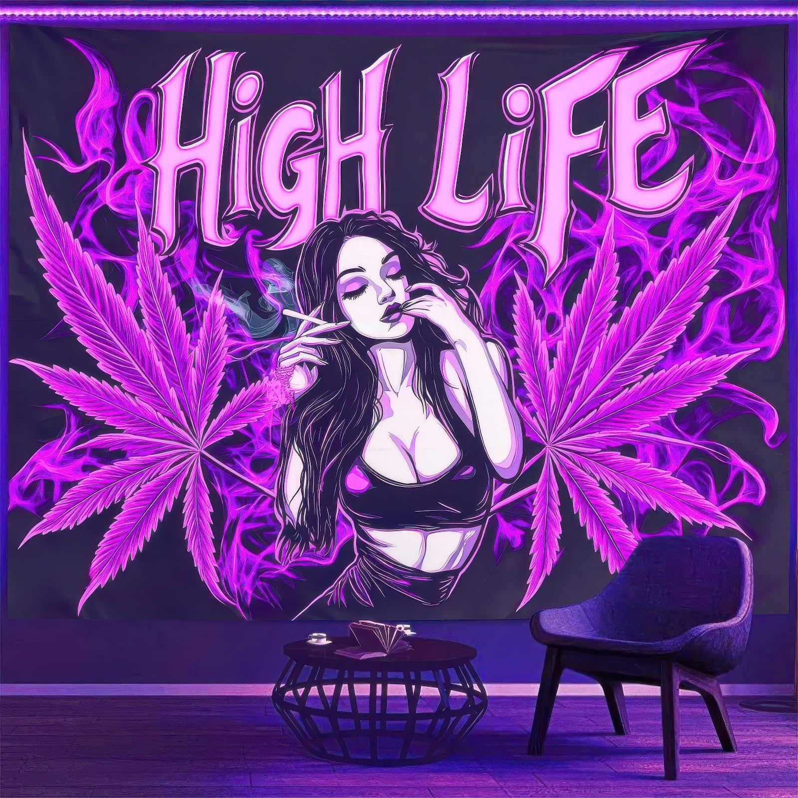 BlissYard Blacklight Tapestry Cannabis Leaf Bedroom Decor 78 x 59 Inch | Cannabis Leaf UV Wall Hanging Smoking Neon Backdrop for Bedroom Party Dorm Style