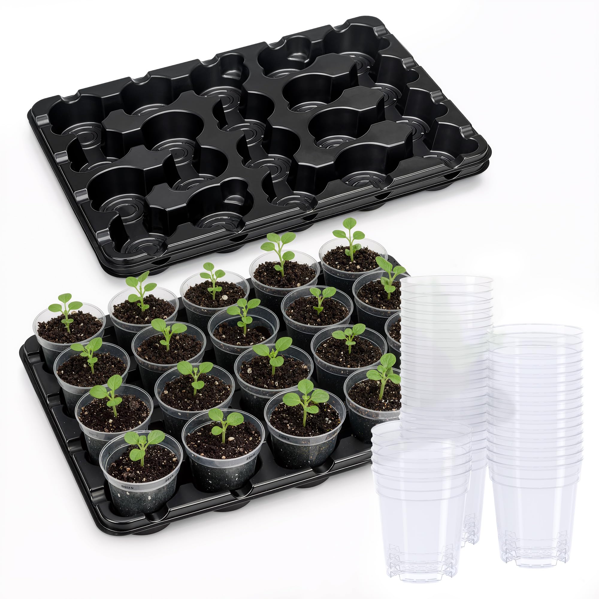 4 Pack 20 Cell Seed Starting Trays with 4 Vented Humidity Domes | Compatible with standard 3 inch nursery pots. Thick reusable trays have deep cells, raised bases and adjustable dome vents.