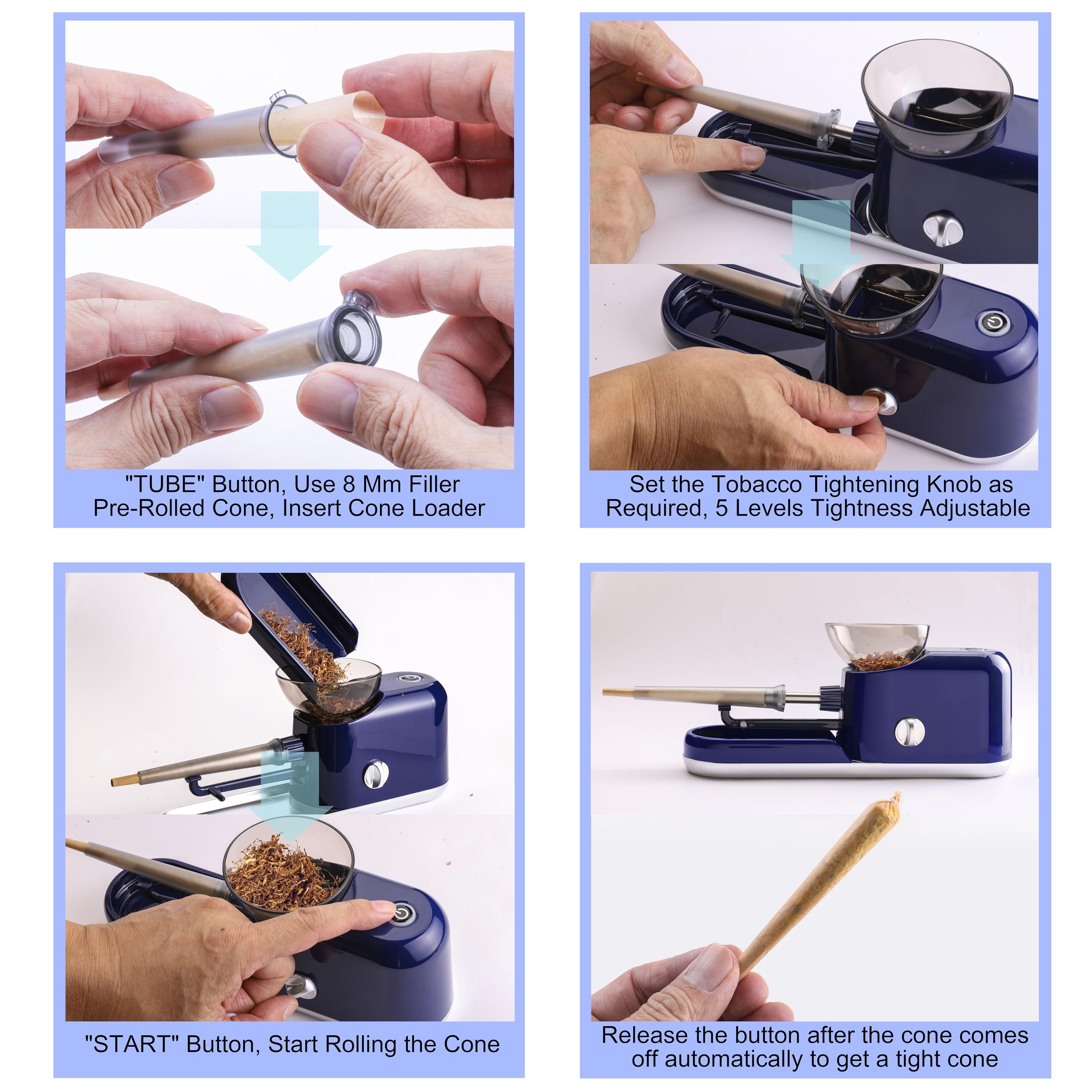 Electric Cigarette/Cone Rolling Machine Set with Manual Sipce Grinder,Automatic Cone Loader with LED Light, Portable Grinder Tobacco Injector Maker for King Size Pre Rolled Cone