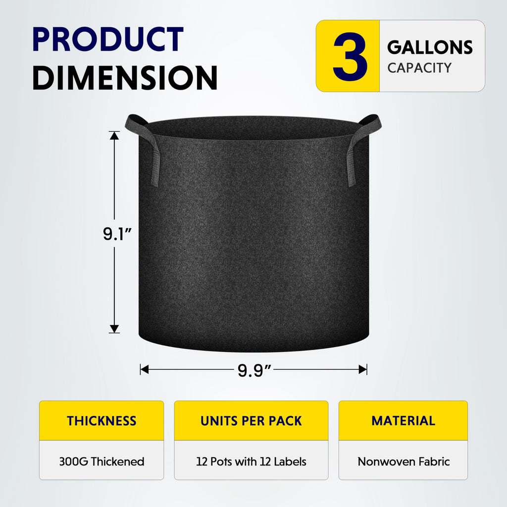 iPower 24-Pack 3 Gallon Grow Bags Heavy Duty Thickened Aeration Nonwoven Fabric Pots with Nylon Handles and 24 Labels for Planting Vegetables, Fruits, Flowers, Black