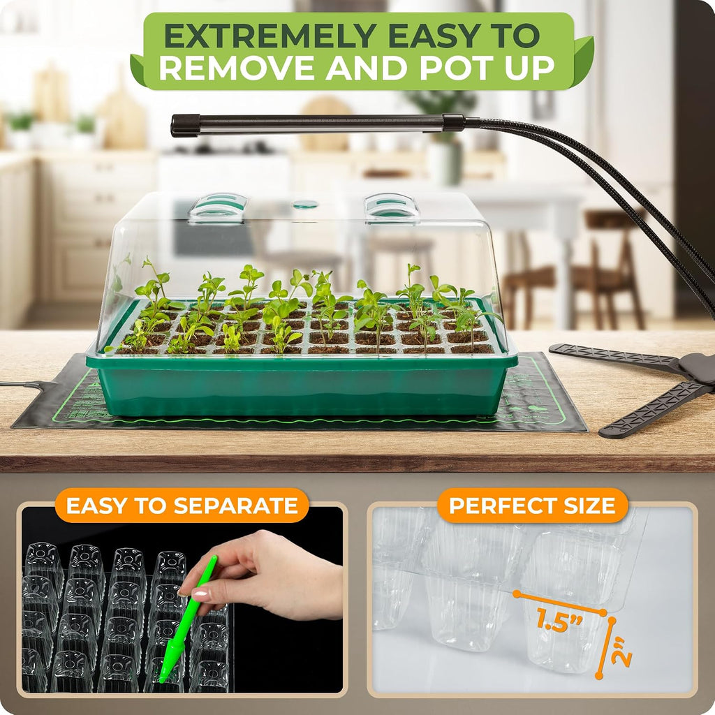 Seed Starter Tray with Grow Lights and Heating Mat - 40 Cell Plant Germination Tray with 4.7" Humidity Dome Seed Starter Kit for Indoor Seed Starting and Propagation