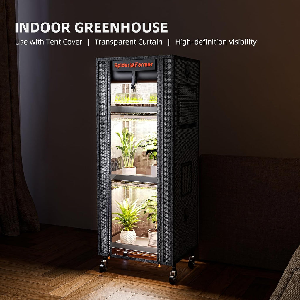 Spider Farmer 4 Tier Mini Greenhouse Plant Shelf with Grow Lights Indoor | 60W Full Spectrum LED Grow Lights, Grow Tent Cover with Visual Curtain and Blackout Curtain, Waterproof Trays, Movable Wheels
