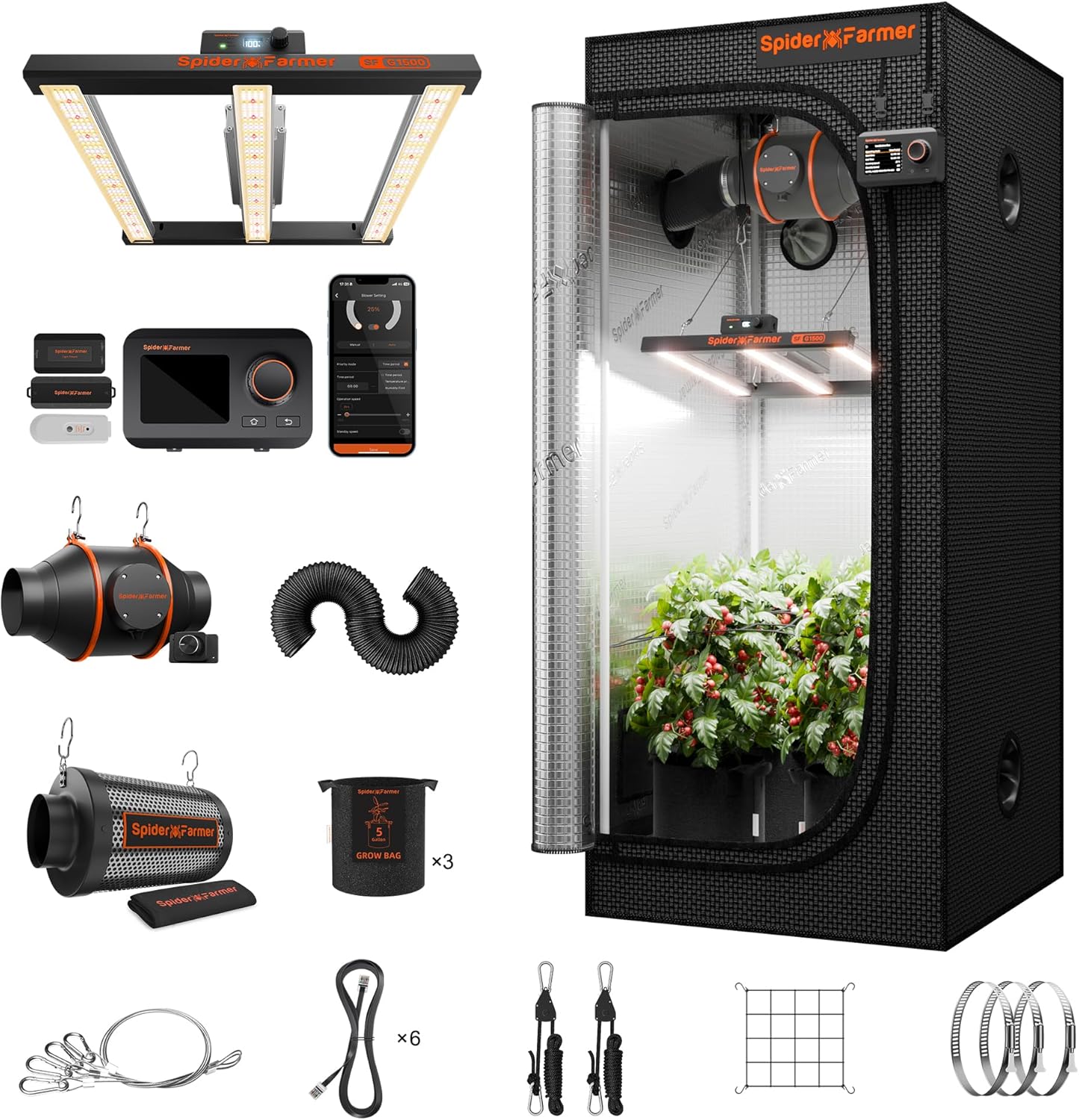 Spider Farmer Grow Tent Kit 2.3 X 2.3ft Complete System with GGS Controller | G1500 150W Dimmable Full Spectrum LED Grow Light, 28"X28"X63" Indoor 1680D Mylar Grow Tent, 4" Ventilation Carbon Filter Set