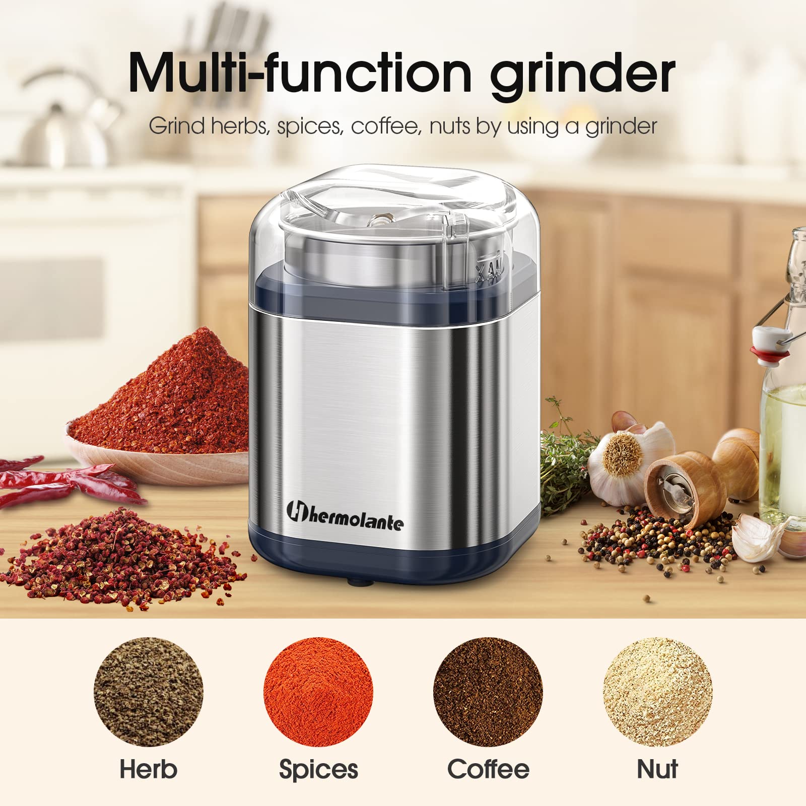 Hermolante Herb Grinder Spice Grinder, 200 w Herb Grinder with Stainless Steel Blade and Cleaning Brush, Compact Size Electric Grinder for Herbs and Spices -5.11in (Black)
