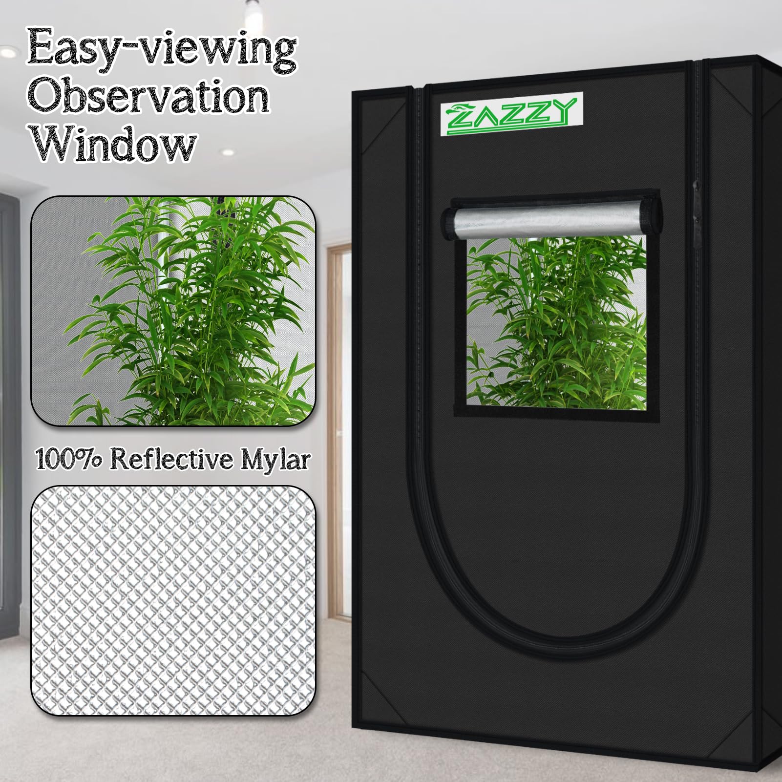 zazzy 3'X3' Grow Tent 32"x32"x63", High Reflective Mylar Growing Tent | Observation Window, Removable Floor Tray and Tool Bag for Planting Indoor Fruit Flower Veg