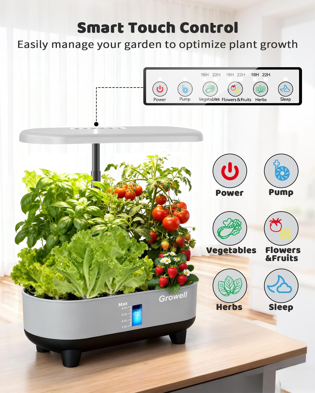 Growell 16 Pods Hydroponics Growing System Kit with 3 Light Modes & 2 Timer | Smart Water Circulation, LED Grow Light, 8L Large Water Tank, Coutertop, Indoor Herb Garden, Perfect Gardening Gifts, Black