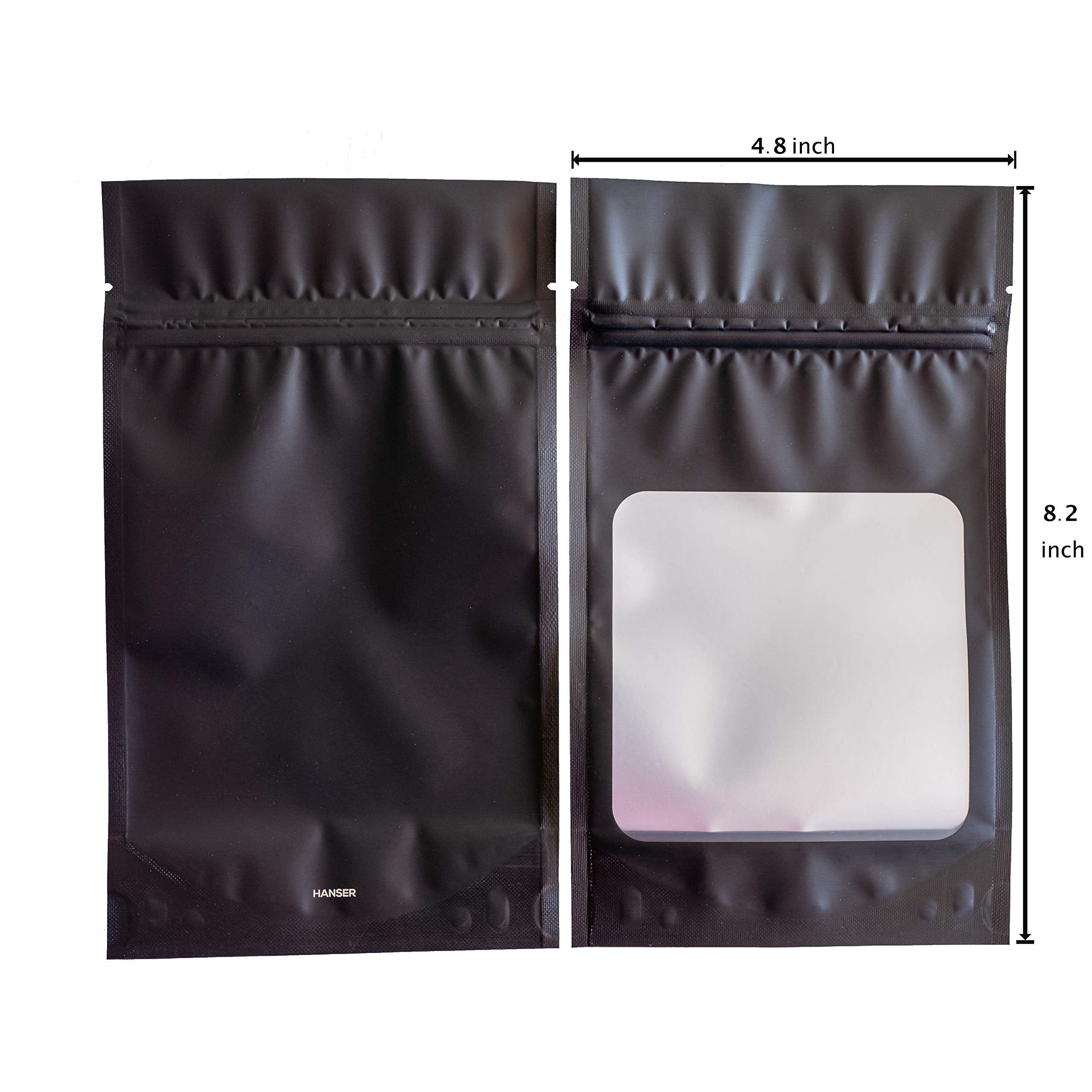 HANSER | Smell Proof Odorless Mylar Resealable Foil Pouch Bags with clear Window | Stand up bottom | Airtight | matte black | 100 Pieces | 4x6 inches