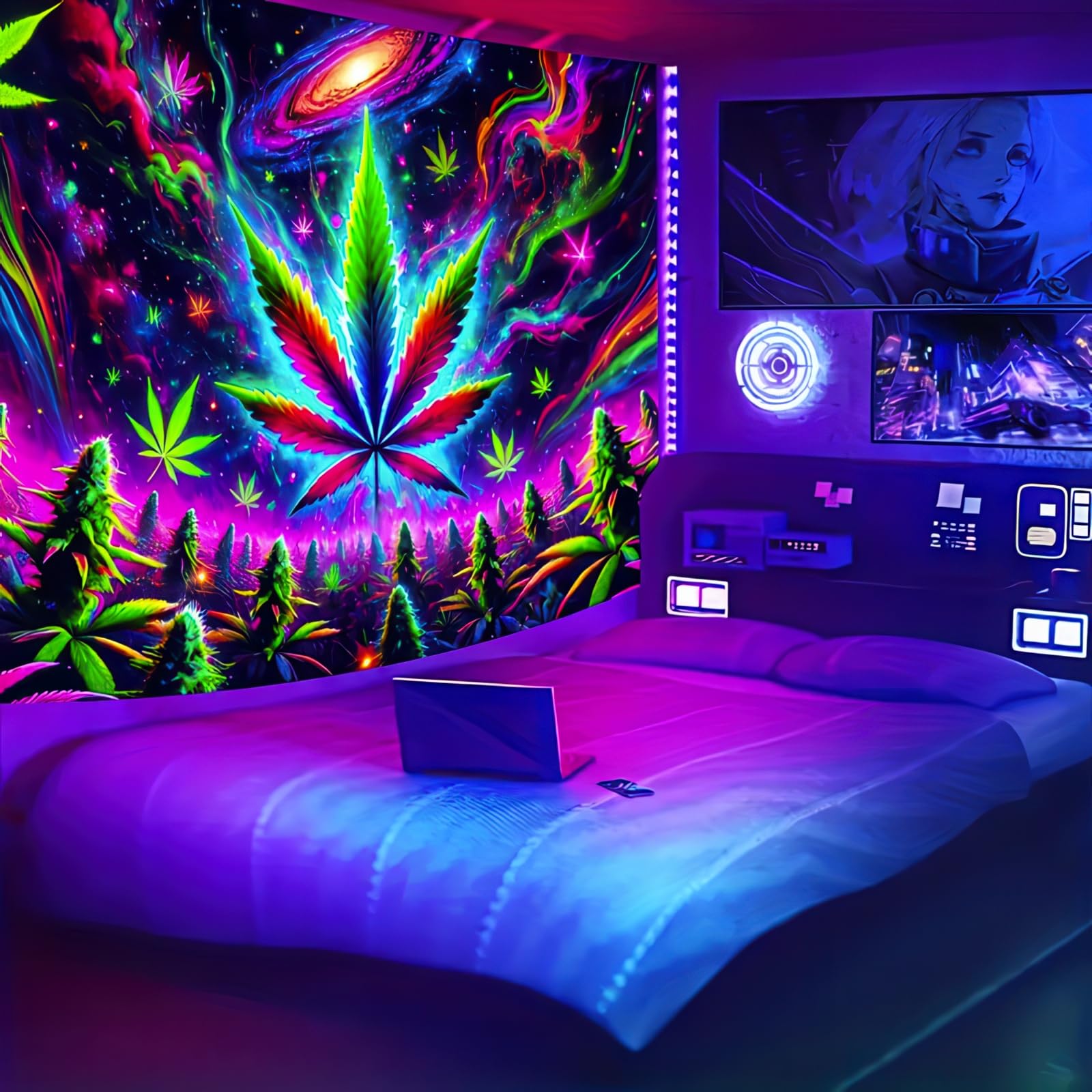 BlissYard Blacklight Tapestry Cannabis Leaf Bedroom Decor 78 x 59 Inch | Cannabis Leaf UV Wall Hanging Smoking Neon Backdrop for Bedroom Party Dorm Style