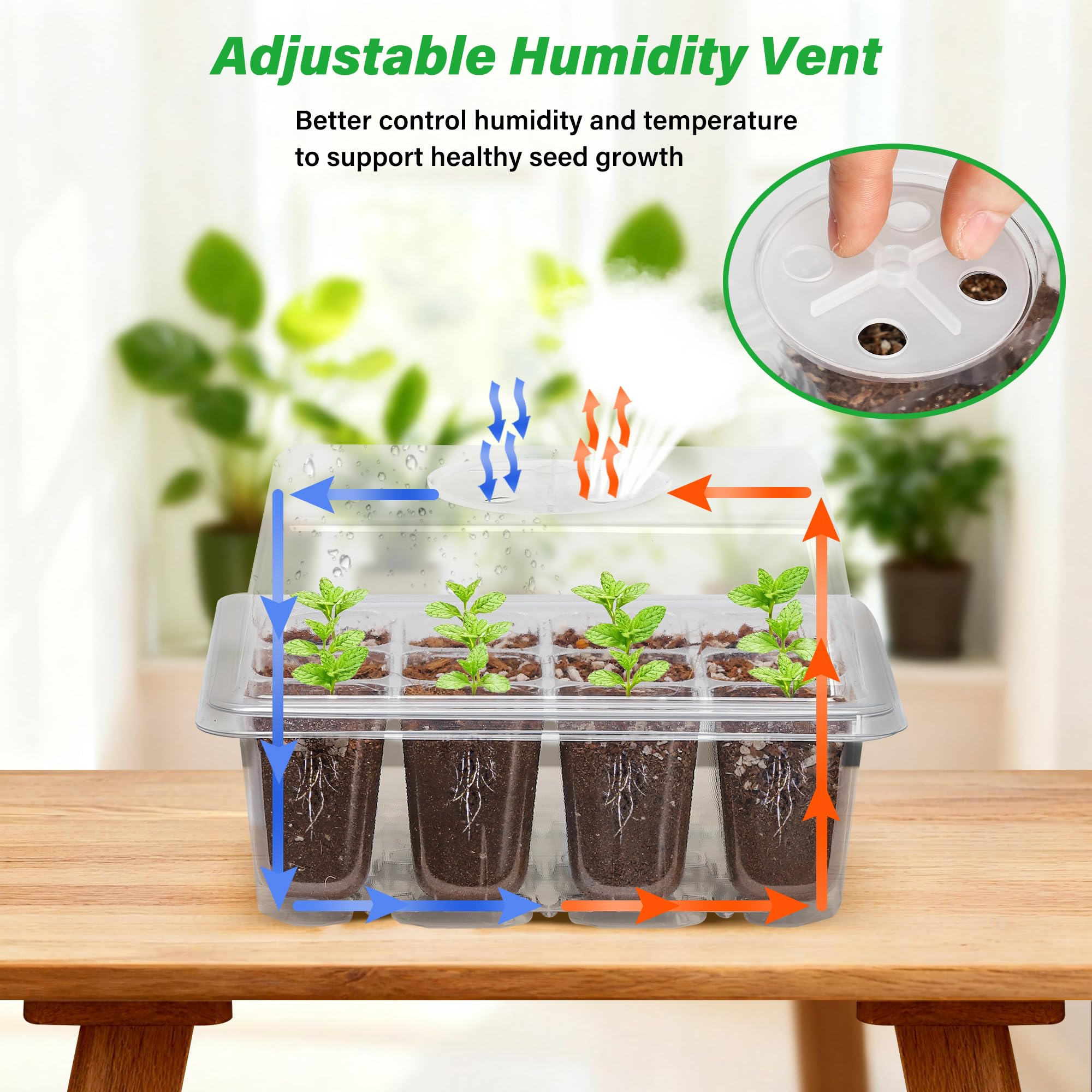 10-Pack Seed Starter Trays, Tall Dome, Base, 12-Cell Tray, Clear | 10 Seedling Kits with Tall Domes for Large Seed Starting. Adjustable Vents, Clear Trays & Heat Mat Compatibility, Indoor Use