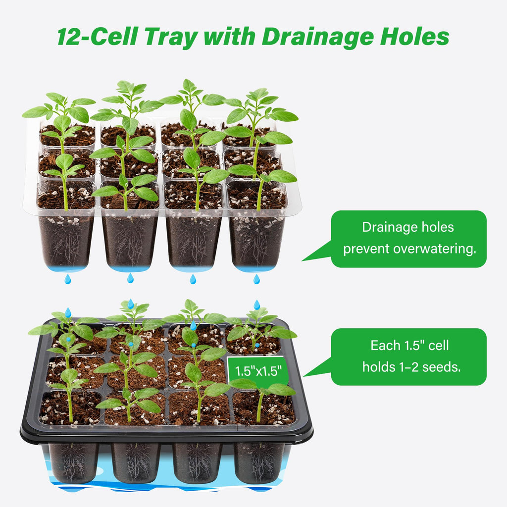 10-Pack Seed Starter Trays, Tall Dome, Base, 12-Cell Tray, Clear | 10 Seedling Kits with Tall Domes for Large Seed Starting. Adjustable Vents, Clear Trays & Heat Mat Compatibility, Indoor Use