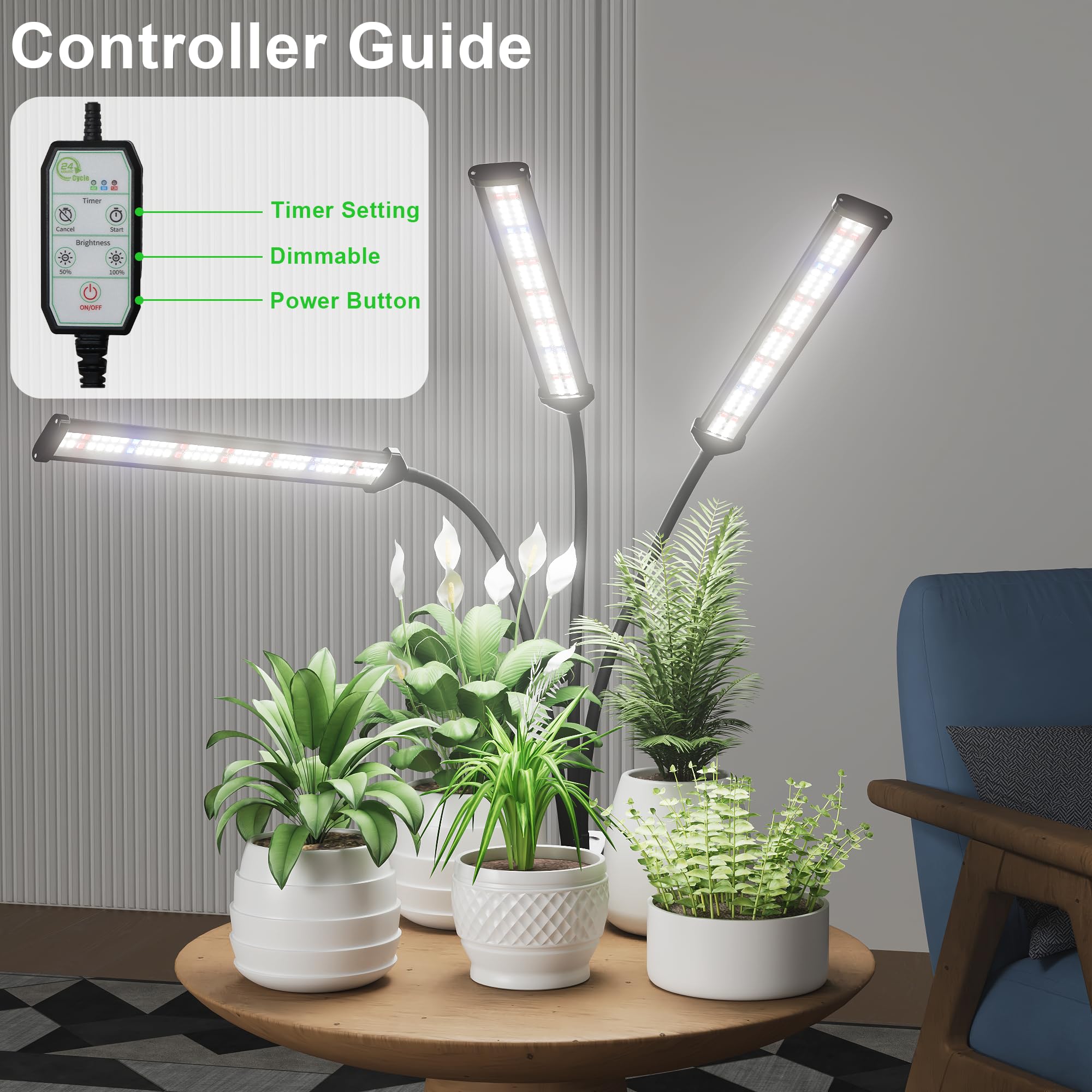 Grow Light,24W (160Watts Equiv) 5000K White Full Spectrum LED Growing Lamp Clip on Desk for Indoor Plants,Bulbs Replaceable & Non-dimmable (Black, 80Watts)