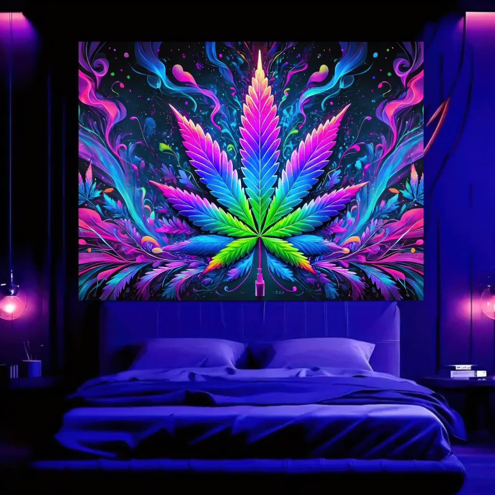 BlissYard Blacklight Tapestry Cannabis Leaf Bedroom Decor 78 x 59 Inch | Cannabis Leaf UV Wall Hanging Smoking Neon Backdrop for Bedroom Party Dorm Style