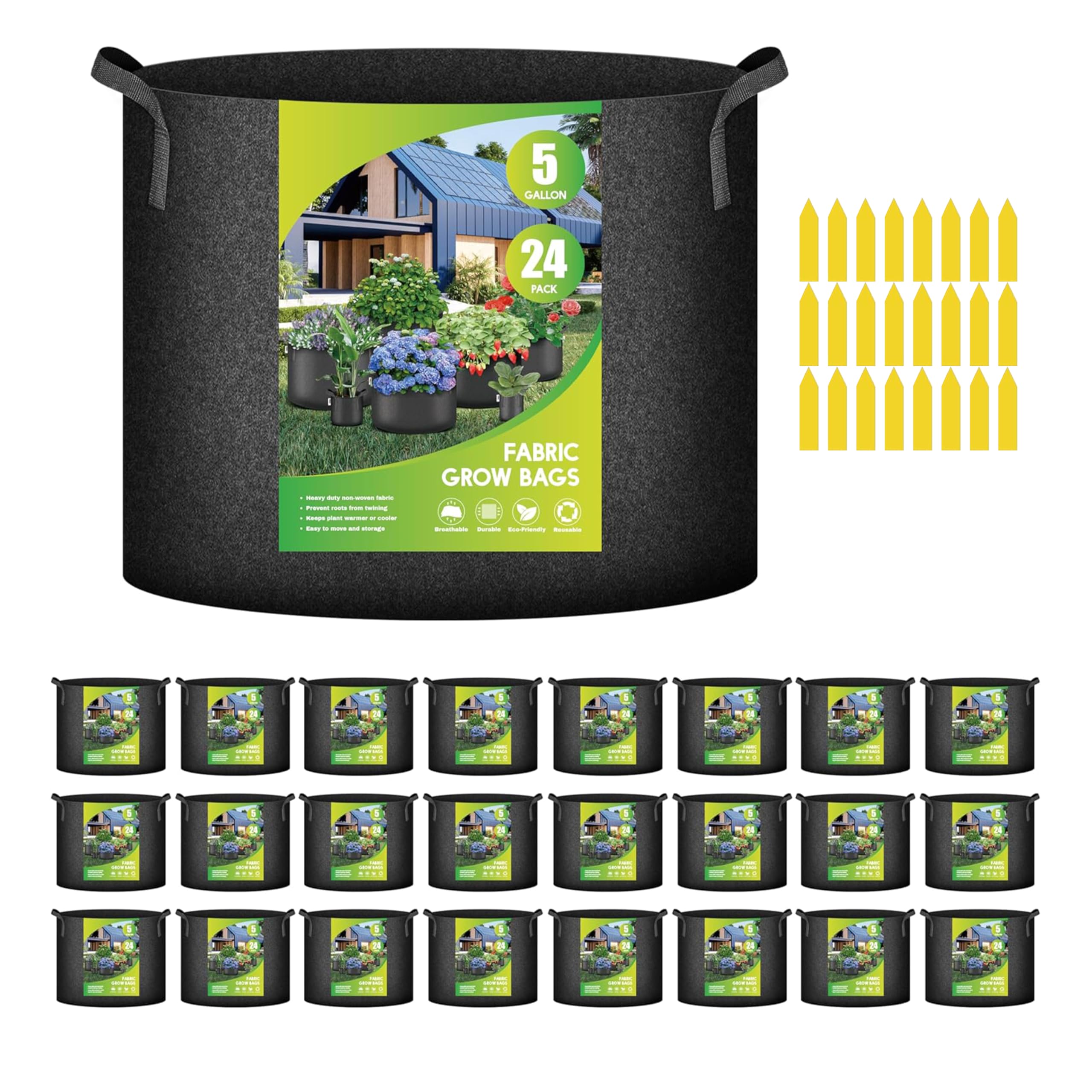 iPower 24-Pack 3 Gallon Grow Bags Heavy Duty Thickened Aeration Nonwoven Fabric Pots with Nylon Handles and 24 Labels for Planting Vegetables, Fruits, Flowers, Black