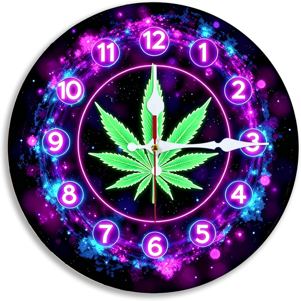 Neon Cosmic Cannabis Leaf Clock 2D Art Print Silent Wall Clock, 10/12 Inch, Battery Operated No Battery, Home Bedroom Office Decor