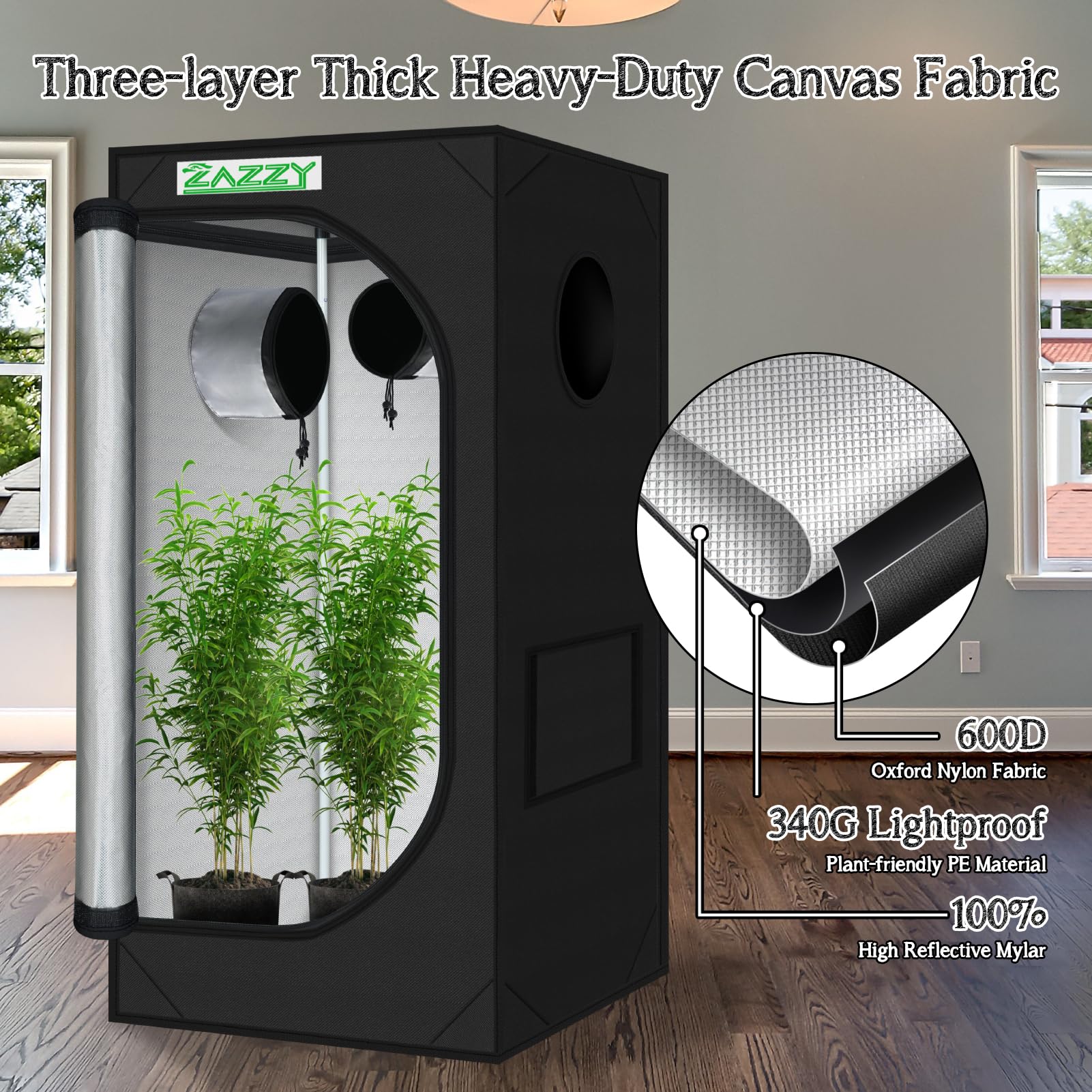 zazzy 3'X3' Grow Tent 32"x32"x63", High Reflective Mylar Growing Tent | Observation Window, Removable Floor Tray and Tool Bag for Planting Indoor Fruit Flower Veg