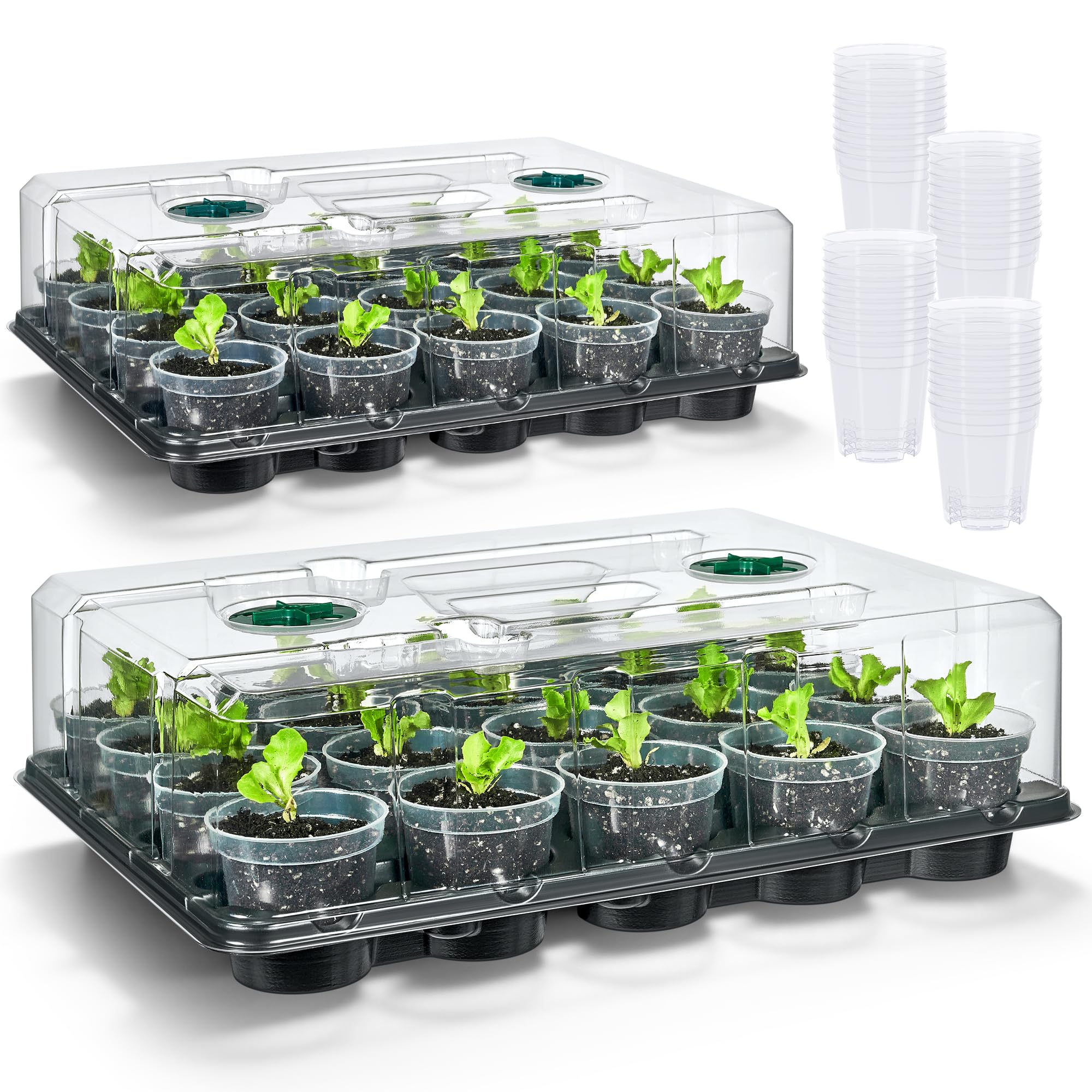 4 Pack 20 Cell Seed Starting Trays with 4 Vented Humidity Domes | Compatible with standard 3 inch nursery pots. Thick reusable trays have deep cells, raised bases and adjustable dome vents.