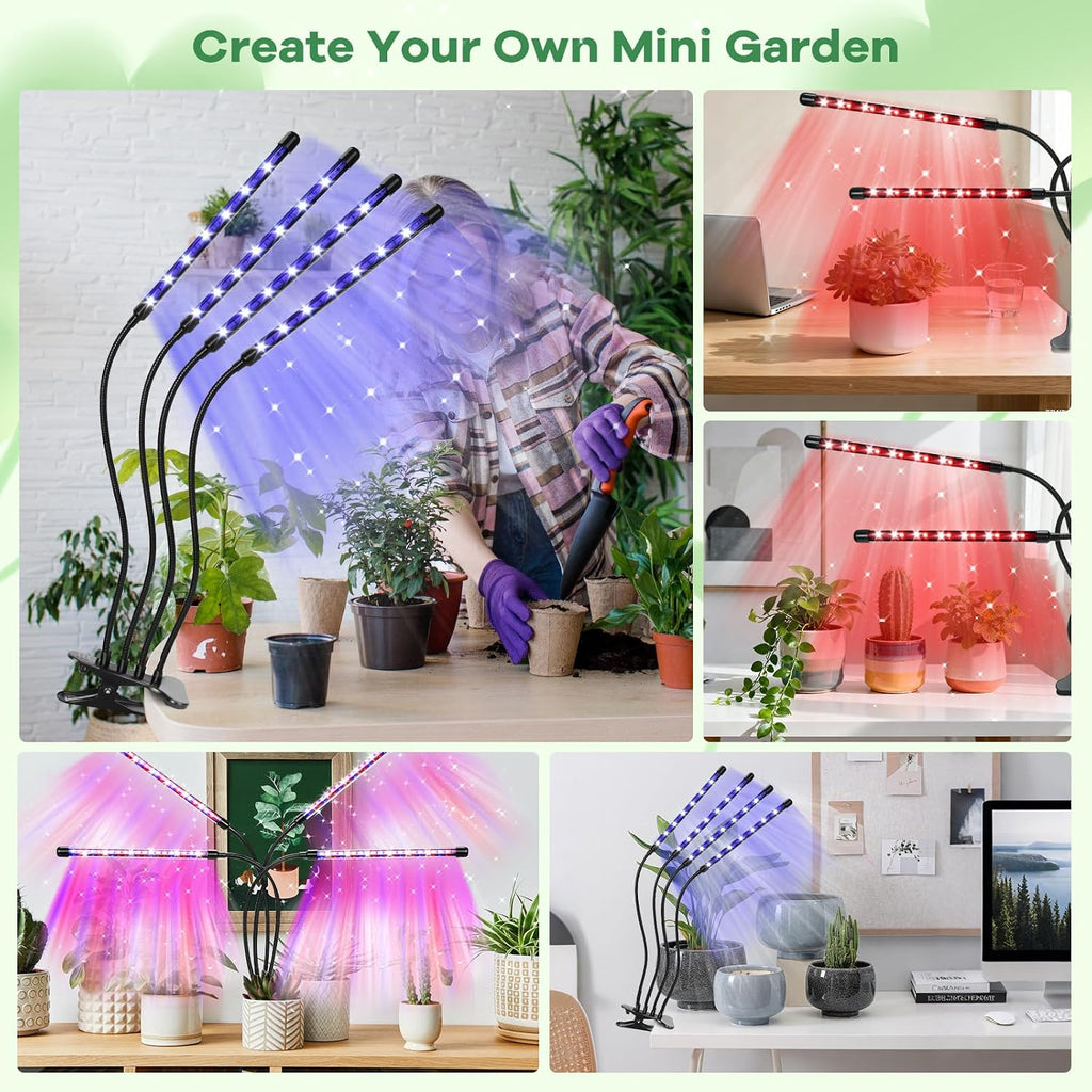 Led Grow Lights, 4 Heads Red Blue Plant Light with Clamp for Indoor Plants & Seed Starting, 10-Level Dimmable, Auto On Off, Timing 3 9 12Hrs