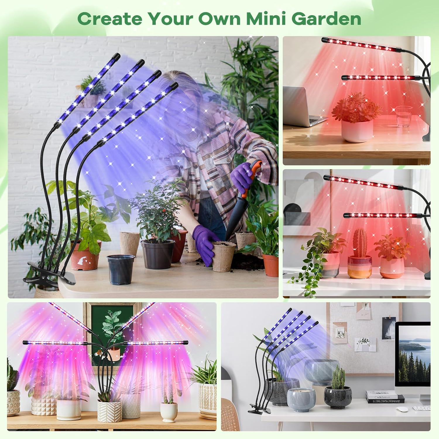 Led Grow Lights, 4 Heads Red Blue Plant Light with Clamp for Indoor Plants & Seed Starting, 10-Level Dimmable, Auto On Off, Timing 3 9 12Hrs
