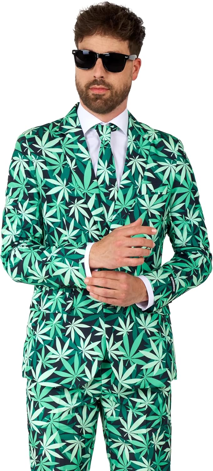 Suitmeister Men's Funny Suit - Cannabis Weed Print Outfit Slim Fit - Green