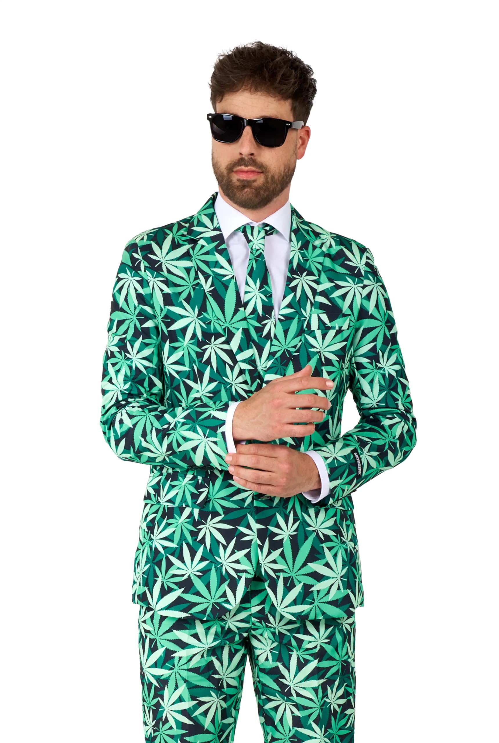 Suitmeister Men's Funny Suit - Cannabis Weed Print Outfit Slim Fit - Green