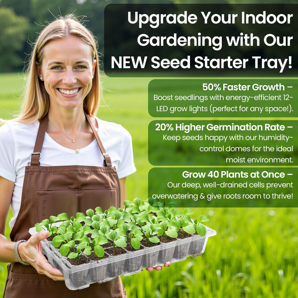 Seed Starter Trays with 12-LED Grow Lights, Clear, 5 Pack | 5 clear-base seedling kits, 60 cells, 12-LED grow light per tray, vented humidity domes, drainage holes, 1-to-5 USB cable
