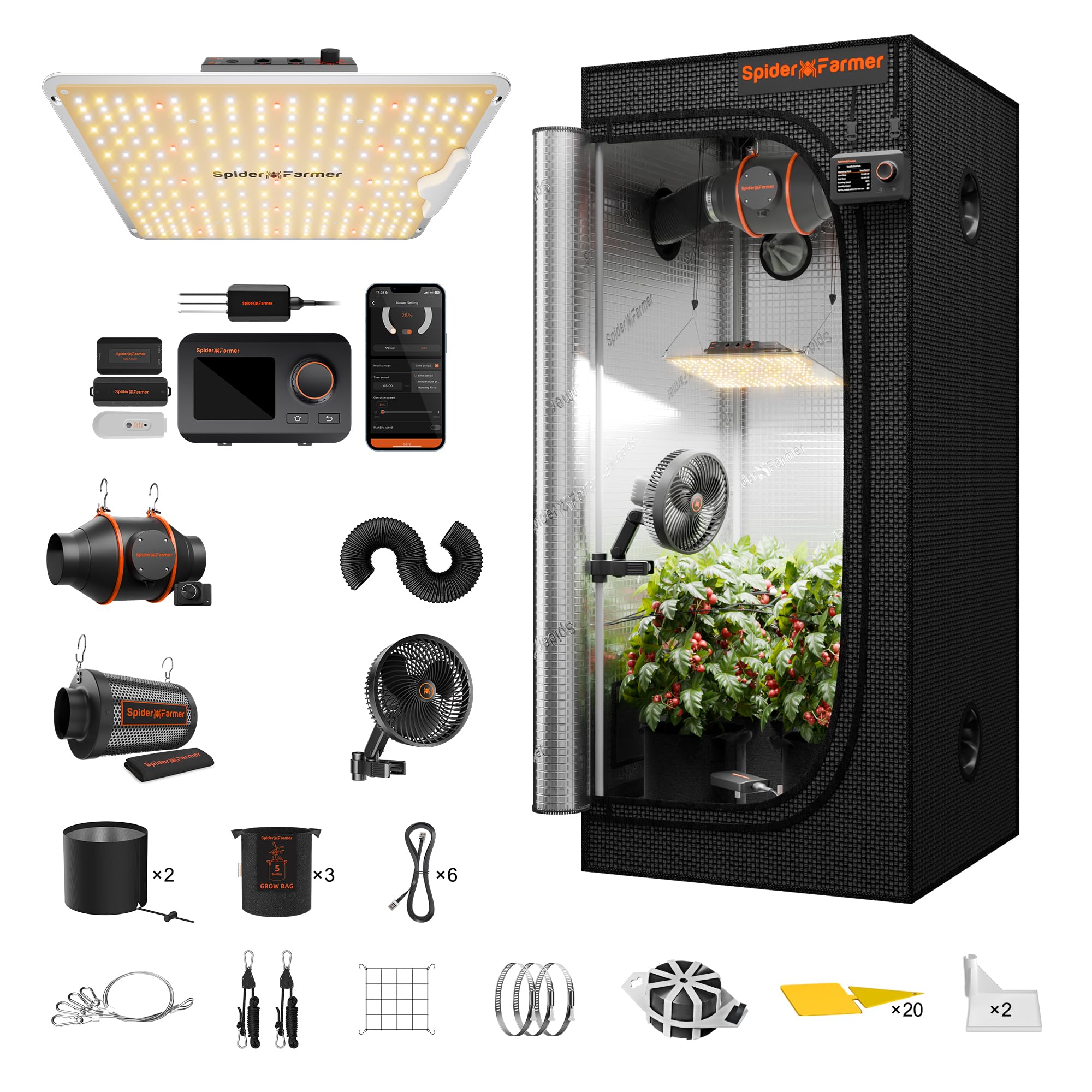Spider Farmer Grow Tent Kit 2.3 X 2.3ft Complete System with GGS Controller | G1500 150W Dimmable Full Spectrum LED Grow Light, 28"X28"X63" Indoor 1680D Mylar Grow Tent, 4" Ventilation Carbon Filter Set