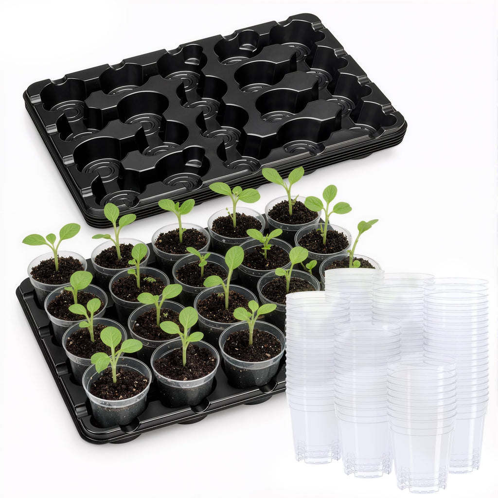 4 Pack 20 Cell Seed Starting Trays with 4 Vented Humidity Domes | Compatible with standard 3 inch nursery pots. Thick reusable trays have deep cells, raised bases and adjustable dome vents.