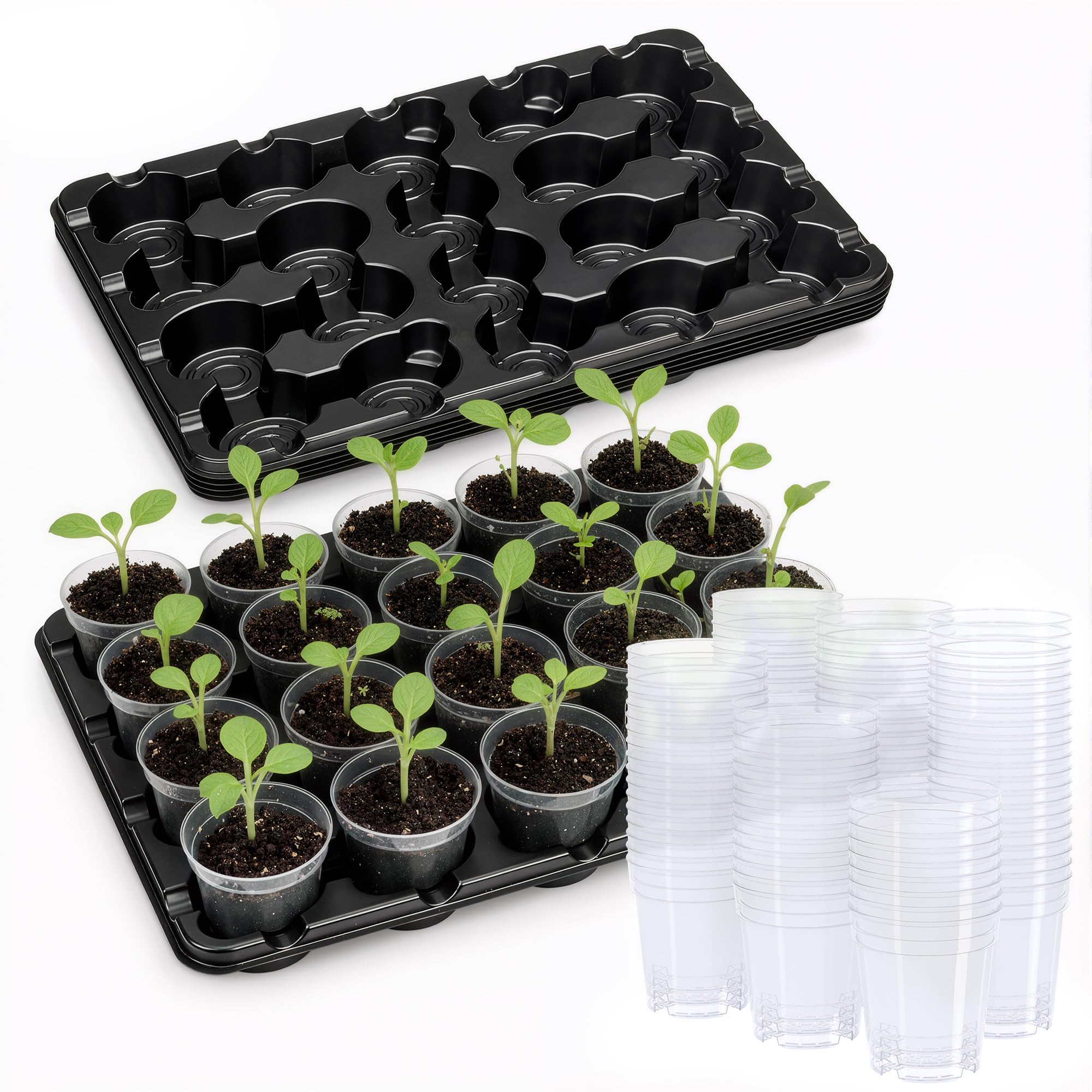 4 Pack 20 Cell Seed Starting Trays with 4 Vented Humidity Domes | Compatible with standard 3 inch nursery pots. Thick reusable trays have deep cells, raised bases and adjustable dome vents.