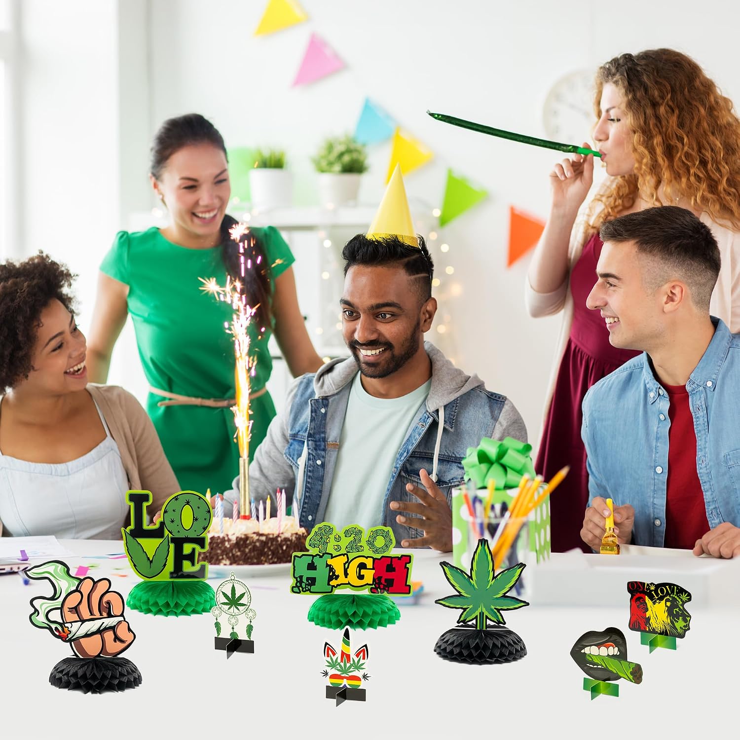 12Pcs Weed Themed Honeycomb Centerpieces Table Toppers Smoking Marijuana Green Pot Leaves Cannabis Stoner 420 Have a Dope Birthday Party Decorations Supplies Photo Booth Props for Adults