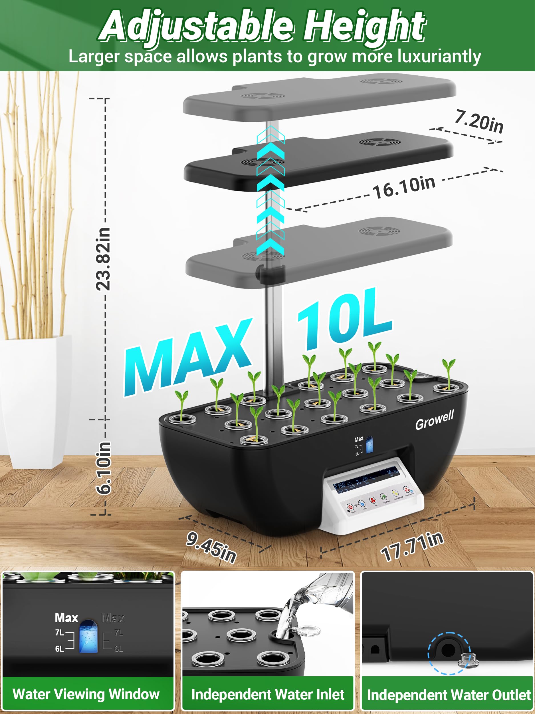 Growell Hydroponics Growing System Kit, 17 Pods Herb Garden with 102 28W Full-Spectrum Grow Lights & 2 Fans, Indoor Garden with Water Pump, 10L Water Tank, Auto Timer, Height Adjustable (Black & Grey)