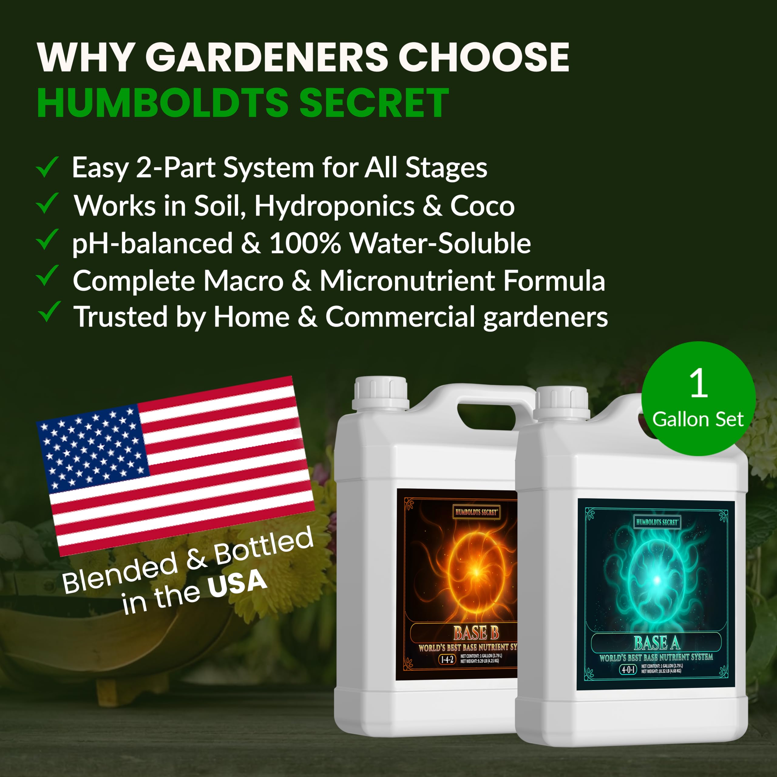 Humboldts Secret Base A & B Liquid Hydroponic Fertilizer | Complete Hydroponic Nutrients for Indoor and Outdoor Plants | Supports Healthy Vegetative Growth and Flowering Stage | 8 Ounce Set