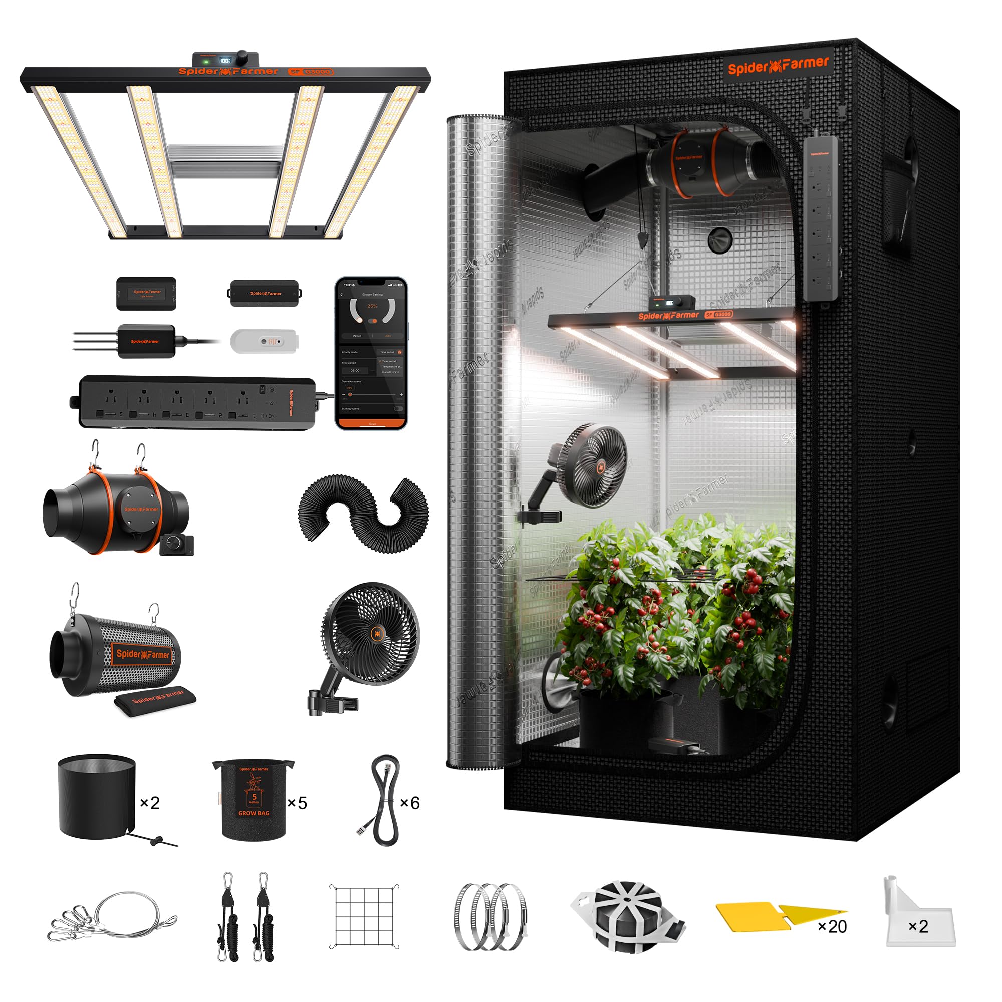 Spider Farmer Grow Tent Kit 2.3 X 2.3ft Complete System with GGS Controller | G1500 150W Dimmable Full Spectrum LED Grow Light, 28"X28"X63" Indoor 1680D Mylar Grow Tent, 4" Ventilation Carbon Filter Set