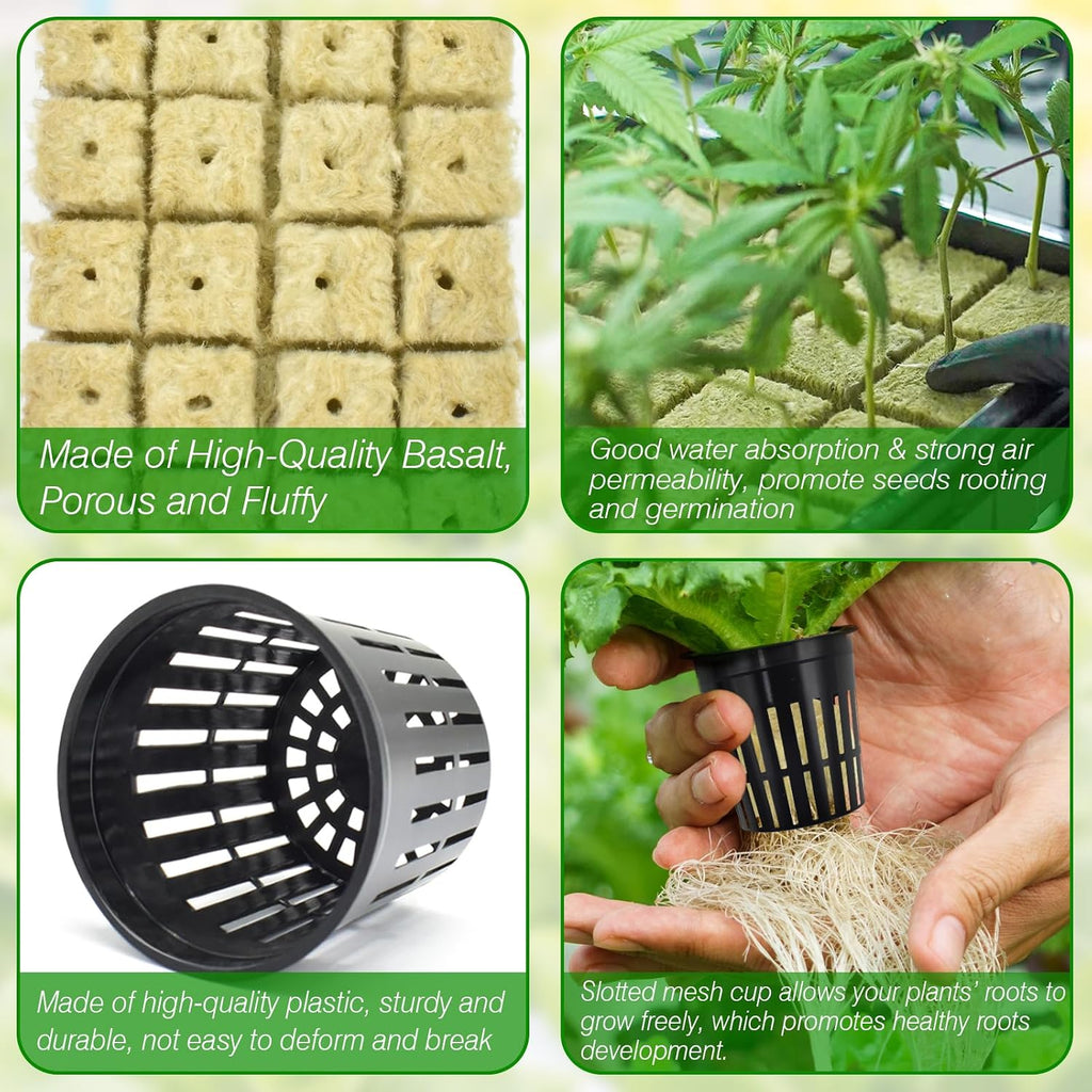 Halatool 144PCS 1.2" Rockwool Cubes & 120PCS 2" Net Cups for Hydroponics | Rockwool Garden Starter Plugs, Hydroponics Kit for Cuttings, Clone Plant, Propagation, Seed Starting & Soilless Cultivation
