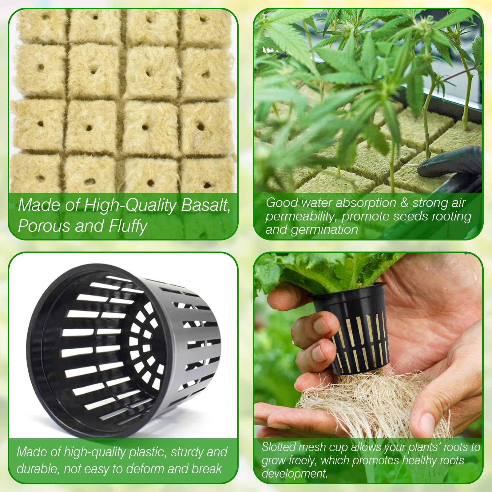 Halatool 144PCS 1.2" Rockwool Cubes & 120PCS 2" Net Cups for Hydroponics | Rockwool Garden Starter Plugs, Hydroponics Kit for Cuttings, Clone Plant, Propagation, Seed Starting & Soilless Cultivation