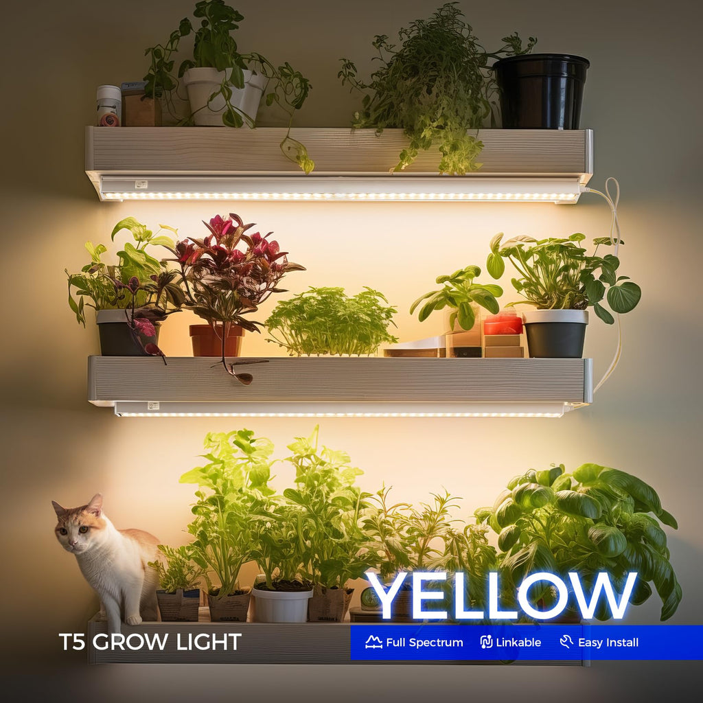 Barrina Grow Lights for Indoor Plant, T5 1FT Full Spectrum, Yellow, 4 Packs | Black Cover LED Grow Light Strips, Linkable, Plant Light for Indoor Plants Growing, 3 Mounting Modes, Separate On/Off
